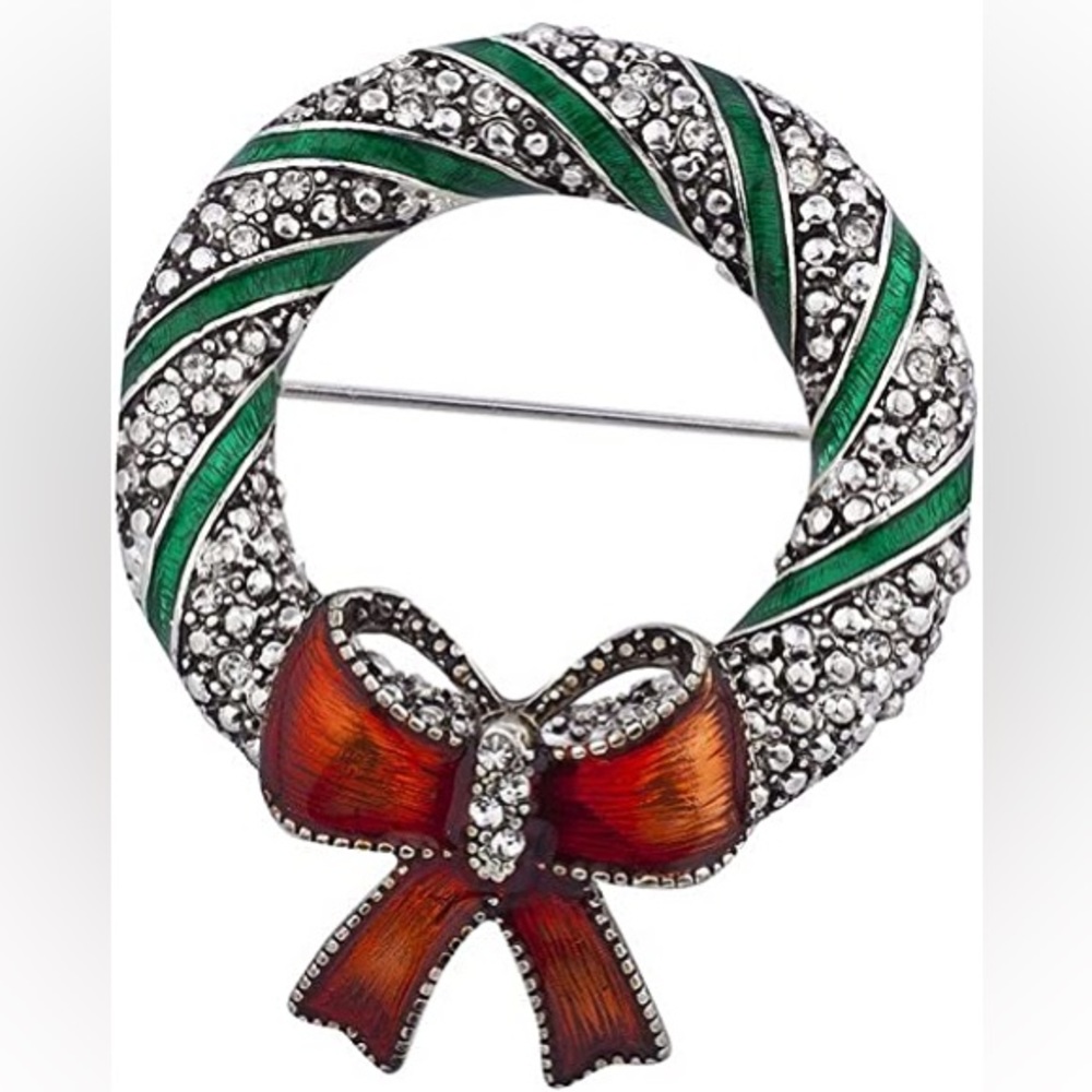 Christmas Xmas Holiday Burnish Silver Stone Wreath Brooch Pin